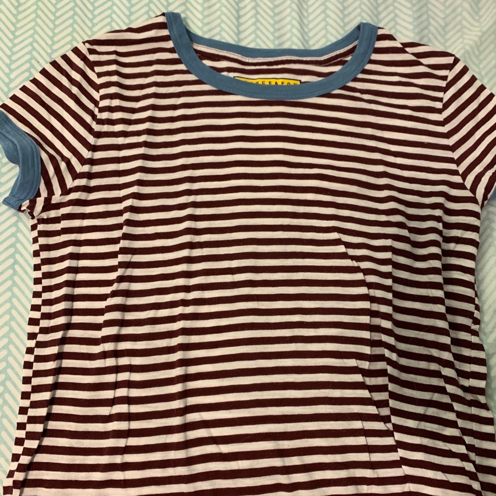 Maroon and white shirt with light blue trim
